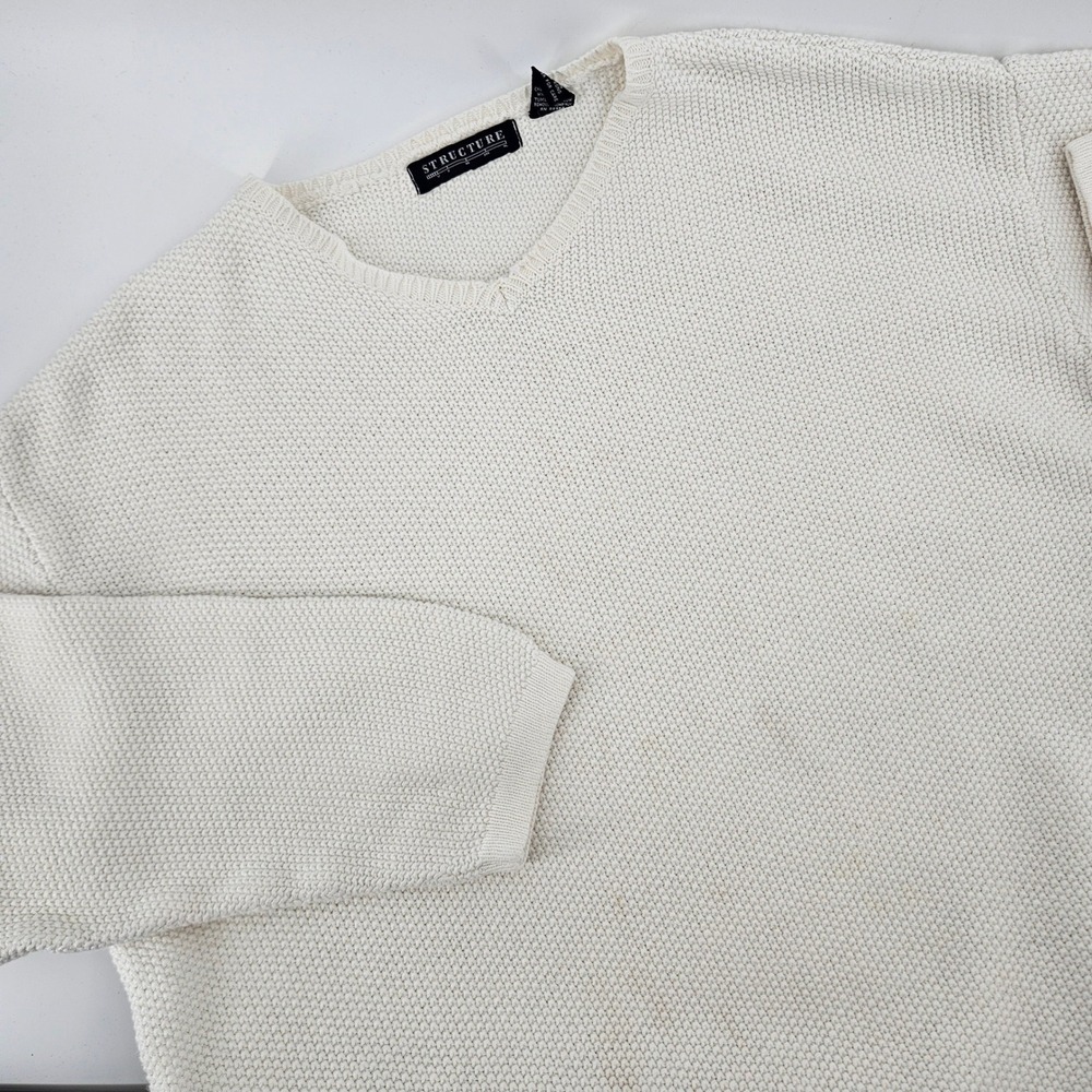 Structure Mens Medium Sweater Ramie Cotton V-Neck Cream Heavyweight Vintage 90s